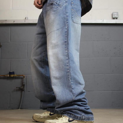 Y2K baggy surf jeans W36L32 blue denim Vintage Don loose 00s style pants embroidered design casual