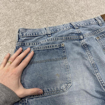 Denim carpenter shorts cargo blue Lands End loose leg skater style surf jorts