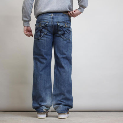 Blue Ecko Unltd jeans W30L31 90s style hip hop trousers rear pocket designs