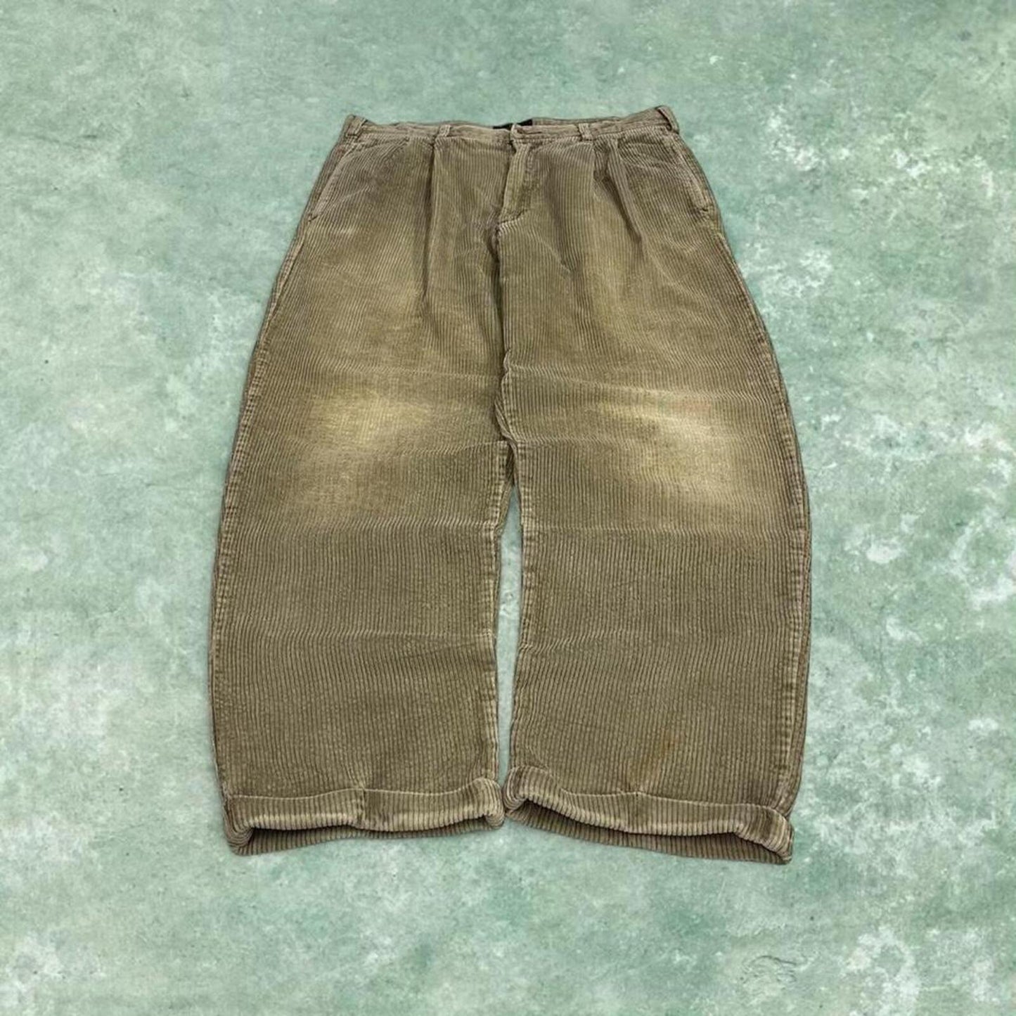Baggy pleated corduroy pants wide leg Khaki Wide wale chunky jumbo cord trousers preppy