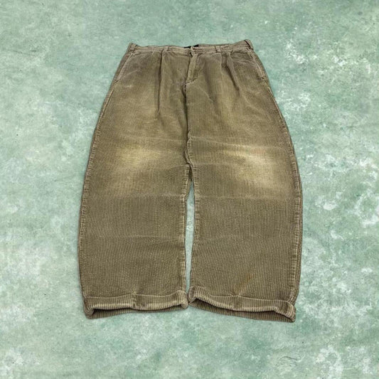 Baggy pleated corduroy pants wide leg Khaki Wide wale chunky jumbo cord trousers preppy