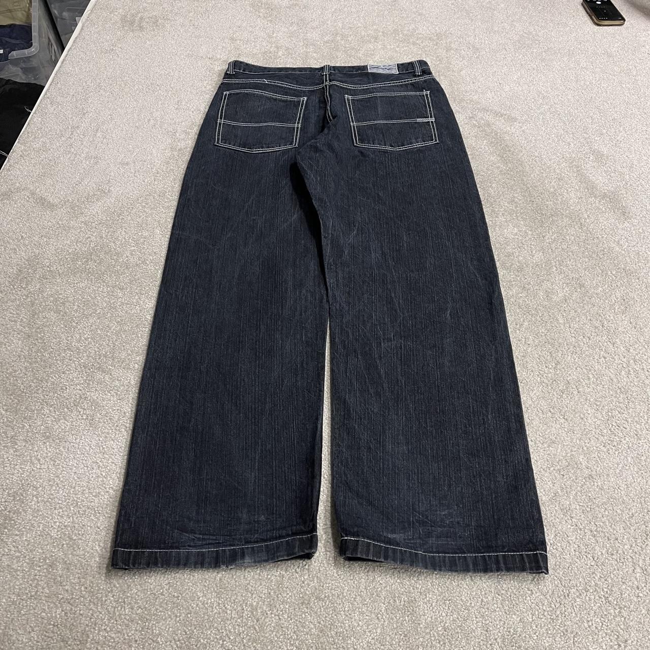 Y2K Brooklyn Xpress baggy jeans wide leg navy blue denim Loose leg surf style pants, embroidered