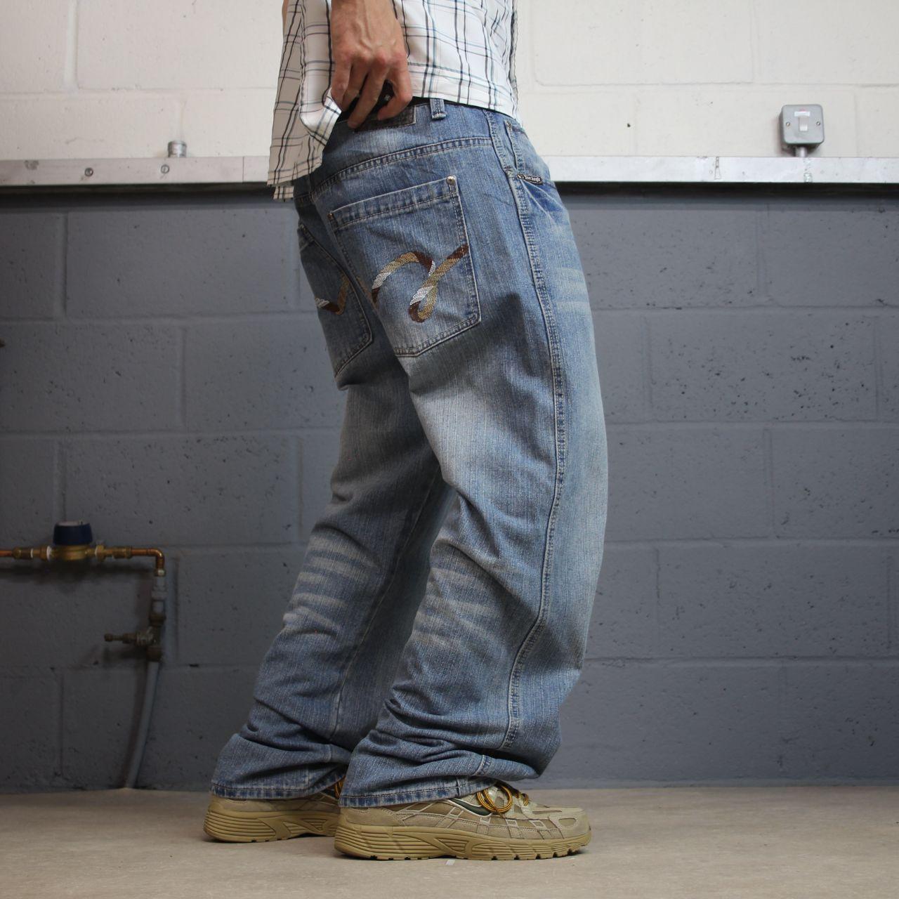 5ive Jungle Y2K embroidered jeans W38L32 blue 90s hip hop style jeans big stitch design 5 pocket