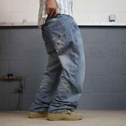 5ive Jungle Y2K embroidered jeans W38L32 blue 90s hip hop style jeans big stitch design 5 pocket