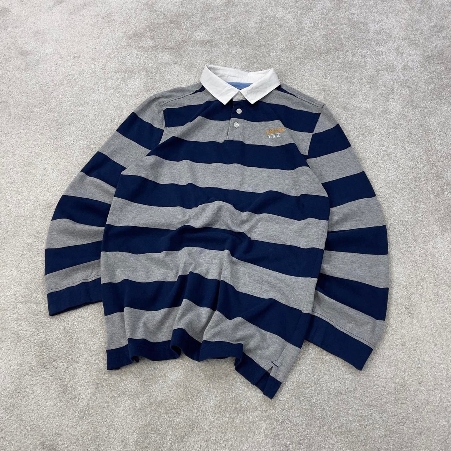Grey navy IZOD striped rugby polo shirt XL (18-20)