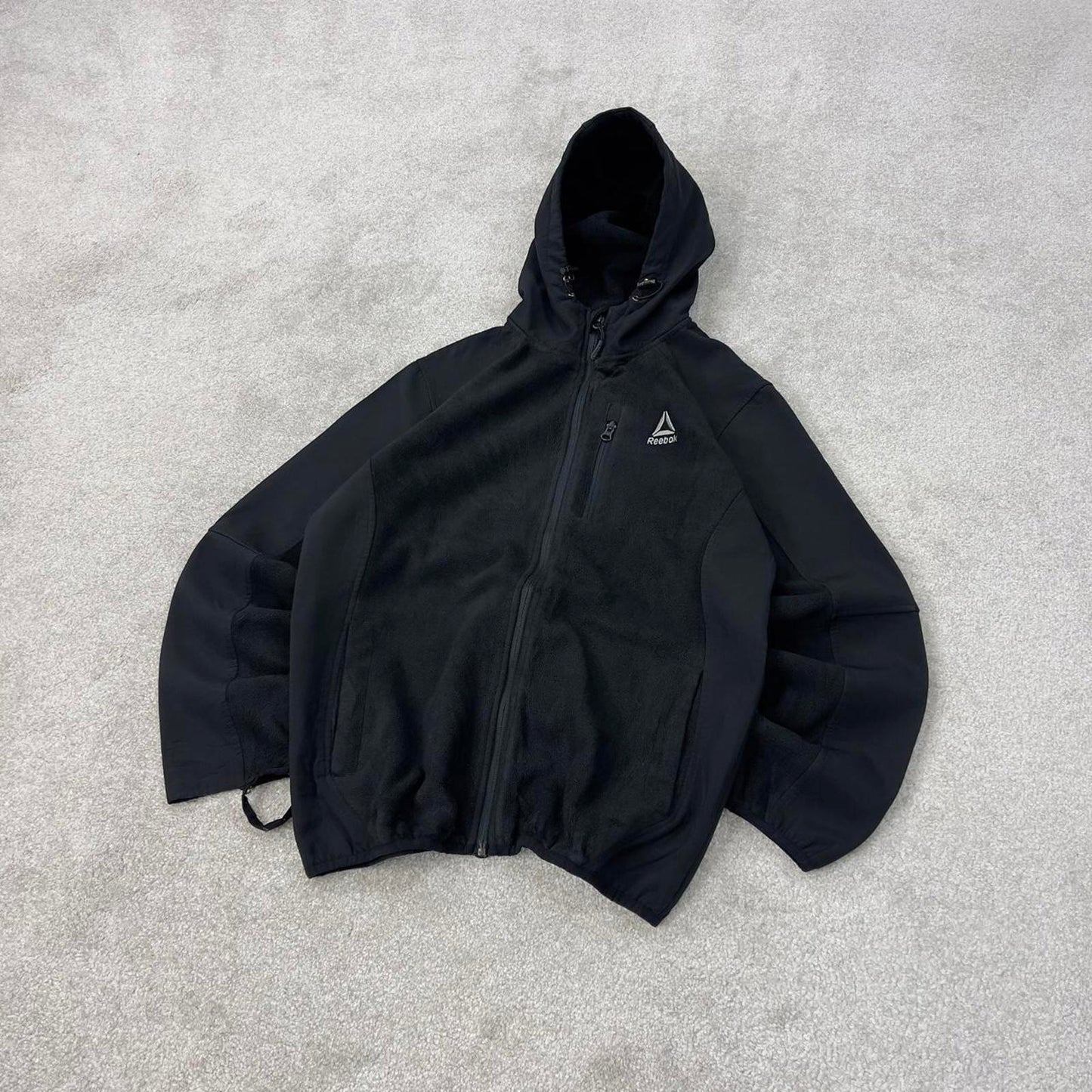 Black Reebok technical fleece jacket Medium y2k style hooded full zip embroidere hoodie