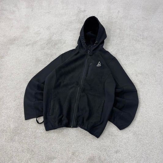 Black Reebok technical fleece jacket Medium y2k style hooded full zip embroidere hoodie