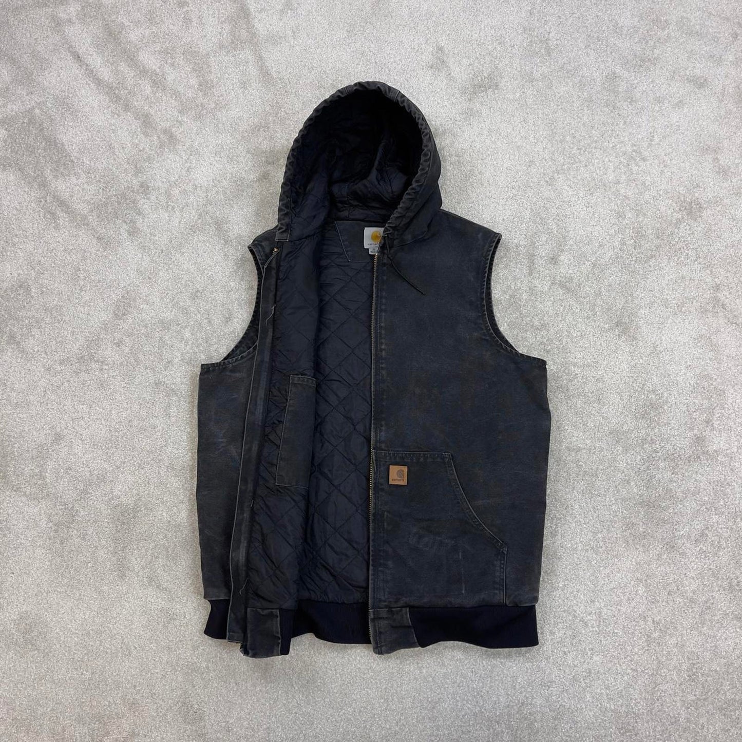 Black vintage Carhartt Hooded Gilet XL Tall thick canvas quilt lined body warmer