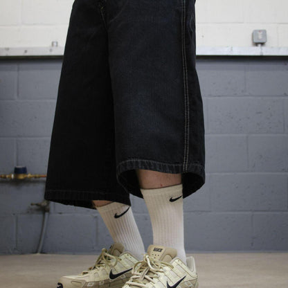 Baggy extra long denim shorts y2k cargo black FOBU wide leg skater style brand surf jorts