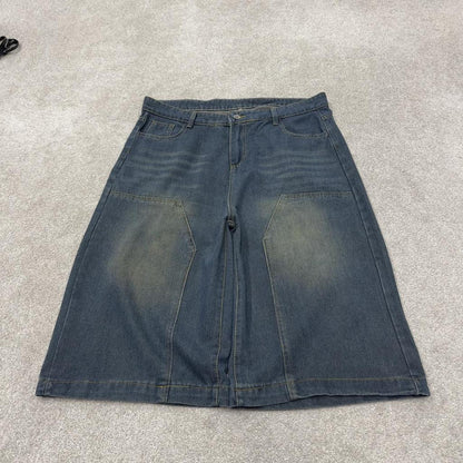 Baggy Y2K denim shorts long leg blue Wide leg skater style brand surf jorts