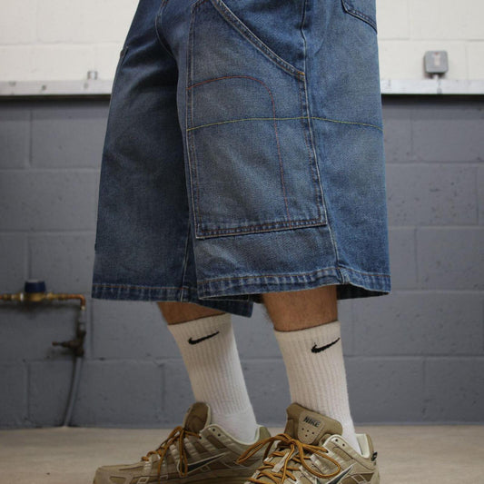 Y2K long baggy denim shorts blue Indigo denim skater style brand surf jorts