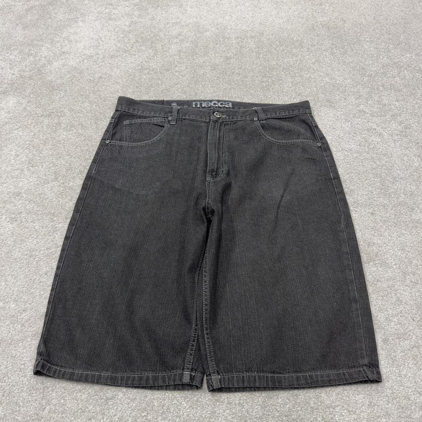Mecca embroidered baggy denim shorts Y2K black Loose long leg skater style streetwear jorts
