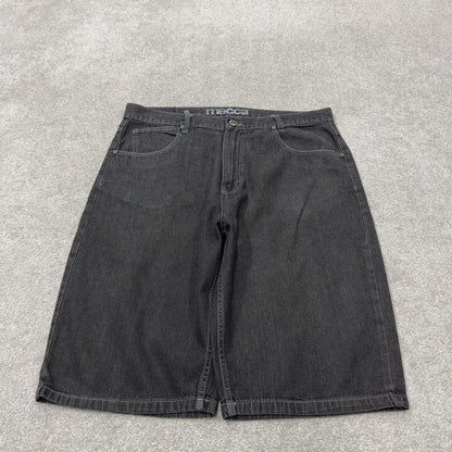 Mecca embroidered baggy denim shorts Y2K black Loose long leg skater style streetwear jorts