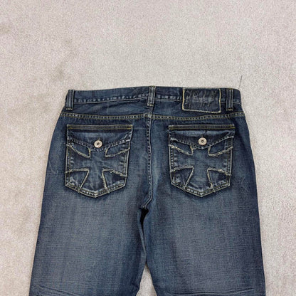Blue embroidered Helix jeans W36L32 loose y2k 00s style jeans big cross stitch detail slim boot