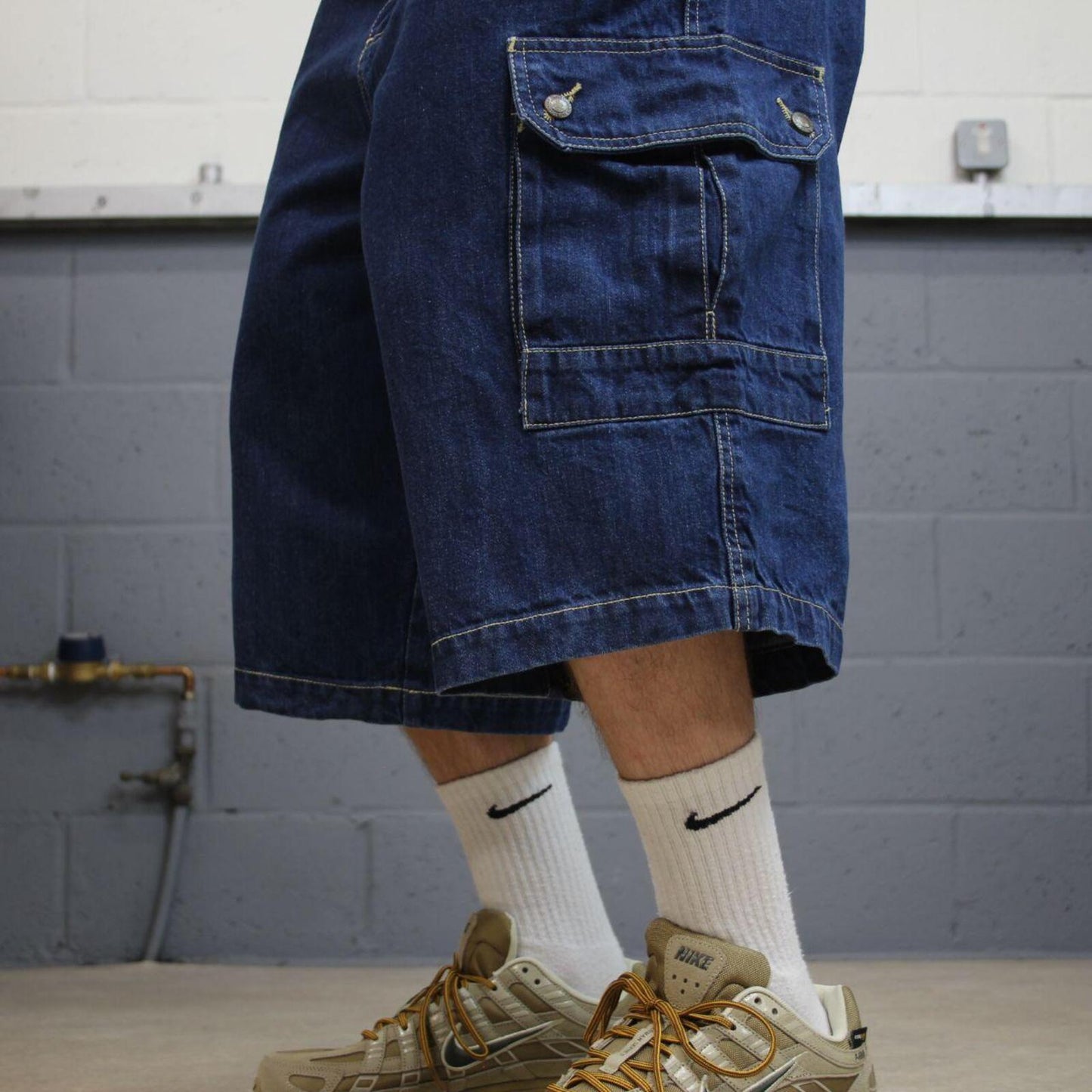Long extra baggy denim cargo shorts blue Liberty Blues skater style carpenter jorts