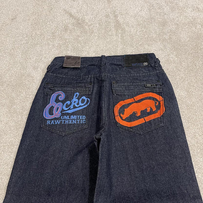 Y2K Ecko Unltd embroidered jeans W26L27 navy blue denim Loose embroidered design jeans big logo