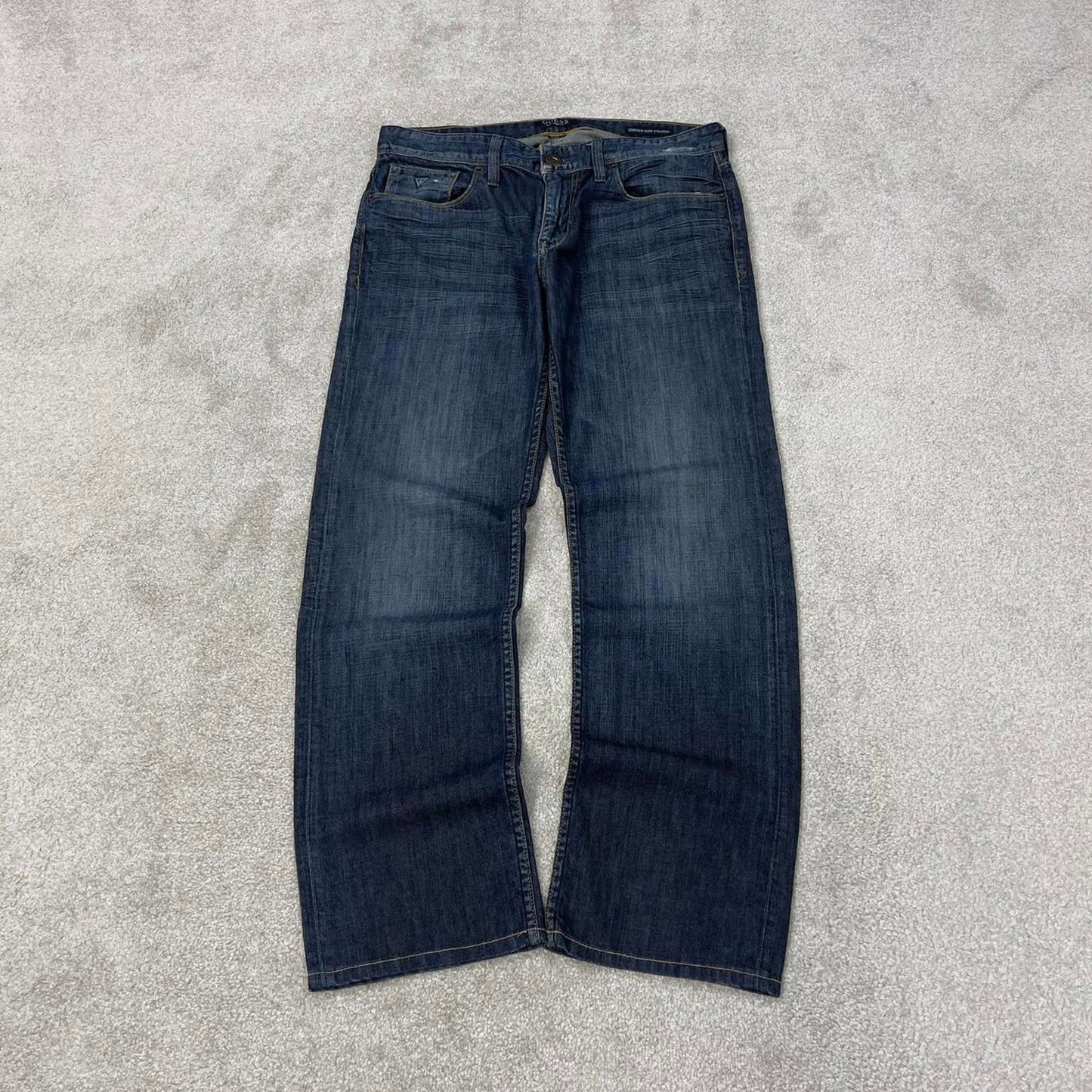 Blue Guess jeans W34L30 blue slim straight y2k 00s style jeans embroidered stitch detail