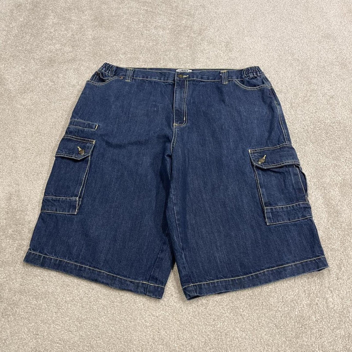Long extra baggy denim cargo shorts blue Liberty Blues skater style carpenter jorts