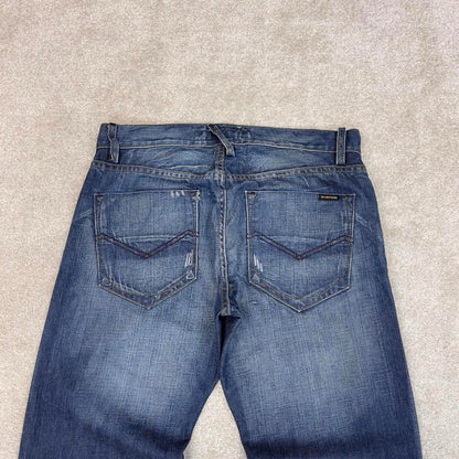 Blue Energie jeans W34L34 loose bootcut y2k 00s style jeans embroidered stitch detail