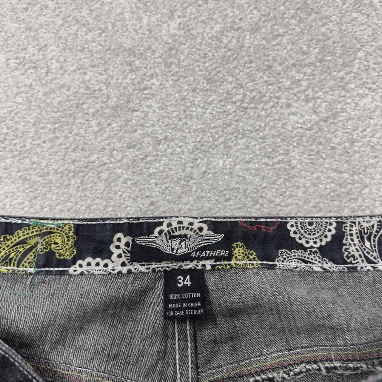 Long baggy denim shorts y2k black 4Fatherz skater style shorts with paisley pattern design