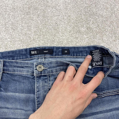 Y2k embroidered denim shorts blue W38 BKE summer festival jorts stitch detail