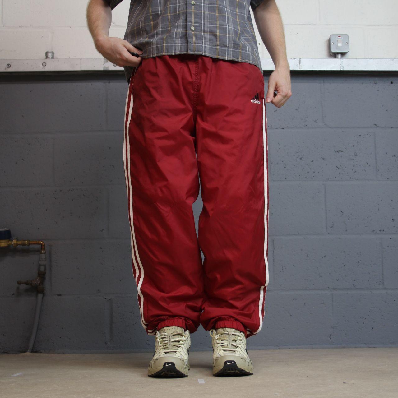 Y2K vintage Adidas tracksuit bottoms red large Loose leg embroidered logo side stripe 2000s style