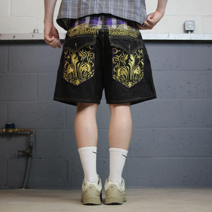 Y2k embroidered denim shorts black Refuse loose short skater festival jorts