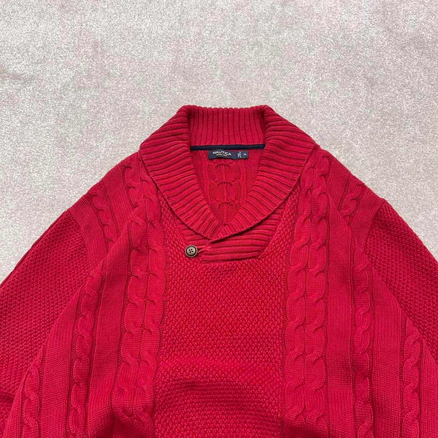 00s Nautica cable knit sweater jumper embroidered XL men's red knitted pull over y2k 90s style