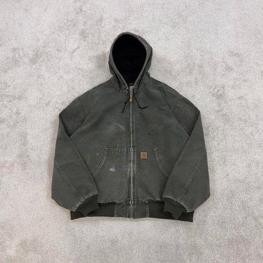 Vintage Green Carhartt hooded active jacket 2XL canvas 90s style skater bomber J25 MOS