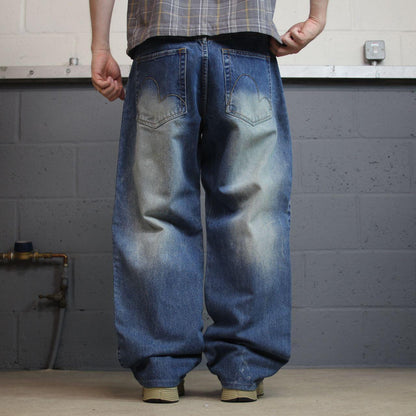 Y2K baggy jeans washed blue denim W36L31 Qruel wide leg surf style pants