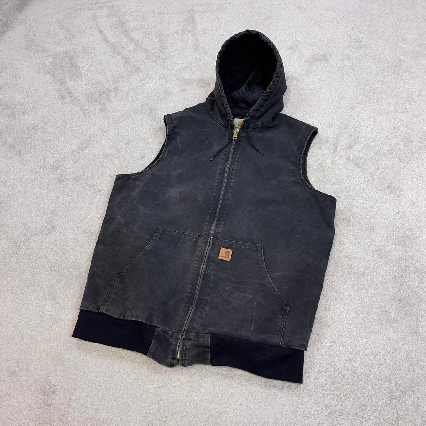 Black vintage Carhartt Hooded Gilet XL Tall thick canvas quilt lined body warmer