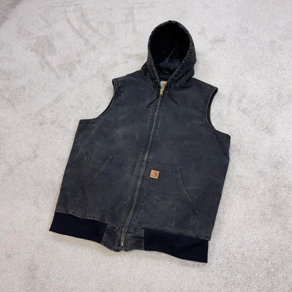 Black vintage Carhartt Hooded Gilet XL Tall thick canvas quilt lined body warmer