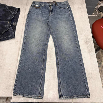 Blue Exhaust jeans W34L32 embroidered Y2K style stitch detailing design