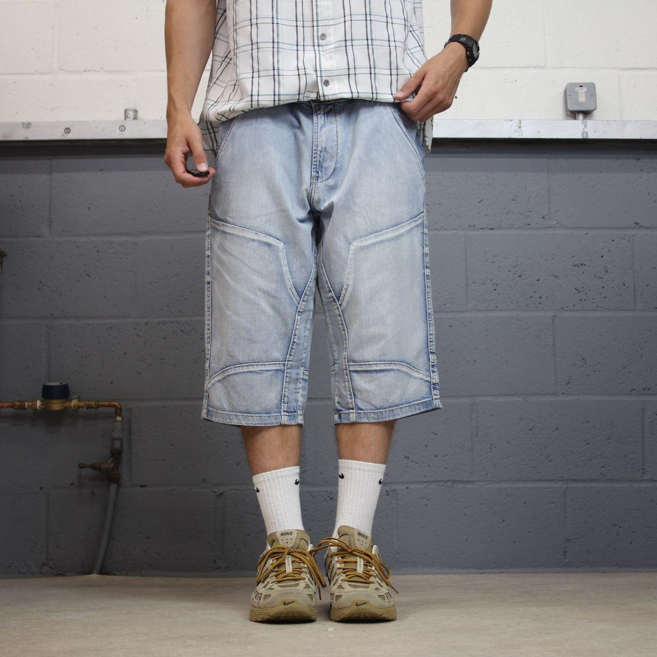 Y2K denim shorts long leg blue Skater style surf jorts