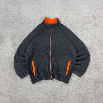 Y2K Starter technical fleece Large grey full zip embroidered logo adjustable waist autumn