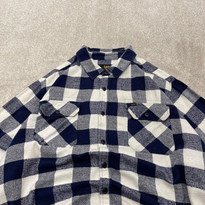 Lee checkered flannel overshirt autumnal XXL navy white men's plaid long sleeve thick button up y2k