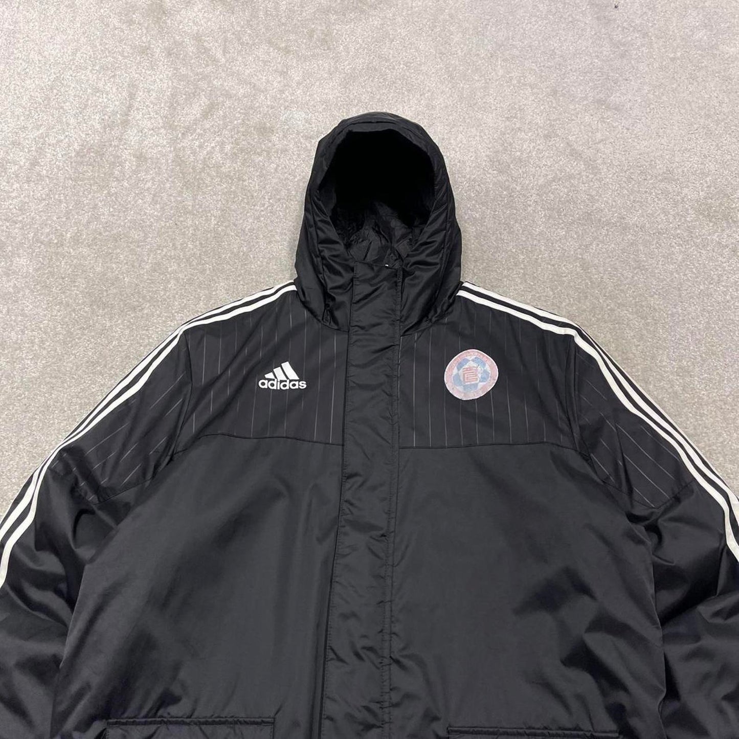 00s long Adidas park jacket y2k style L men's black full zip padded overcoat technical