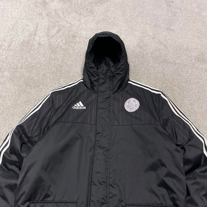 00s long Adidas park jacket y2k style L men's black full zip padded overcoat technical