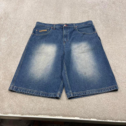 Y2k baggy carpenter shorts skater style blue Brooklyn Xpress long wide denim summer festival jorts