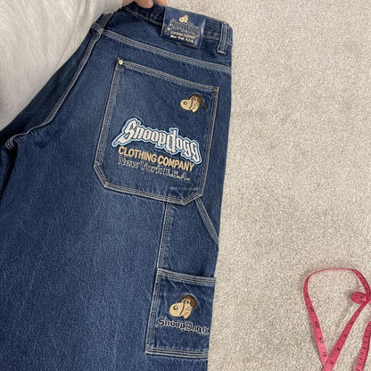Extra baggy embroidered denim shorts blue Snoop Dogg long hip-hop skater carpenter  jorts