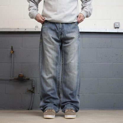 Baggy Akademiks jeans W36L33 blue wide leg denim 90s y2k style embroidered skater jeans loose