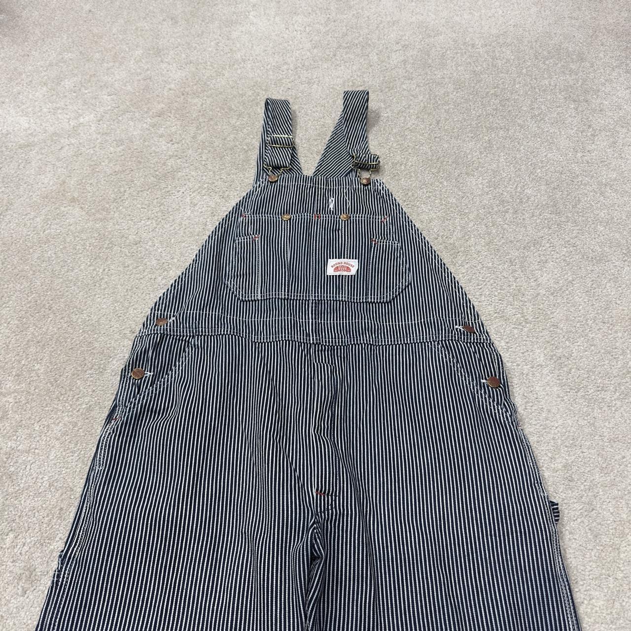 Vintage stripe denim dungarees 00s round house overalls blue Patch logo and adjustable straps