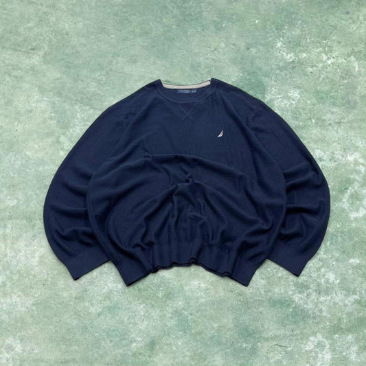 Y2K Nautica round neck knit sweater jumper navy Embroidered logo knitted pullover