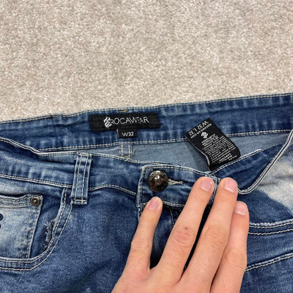 Y2k 00s embroidered Rocawear jeans W32L32 skinny blue denim stitch distressed skate style hip hop