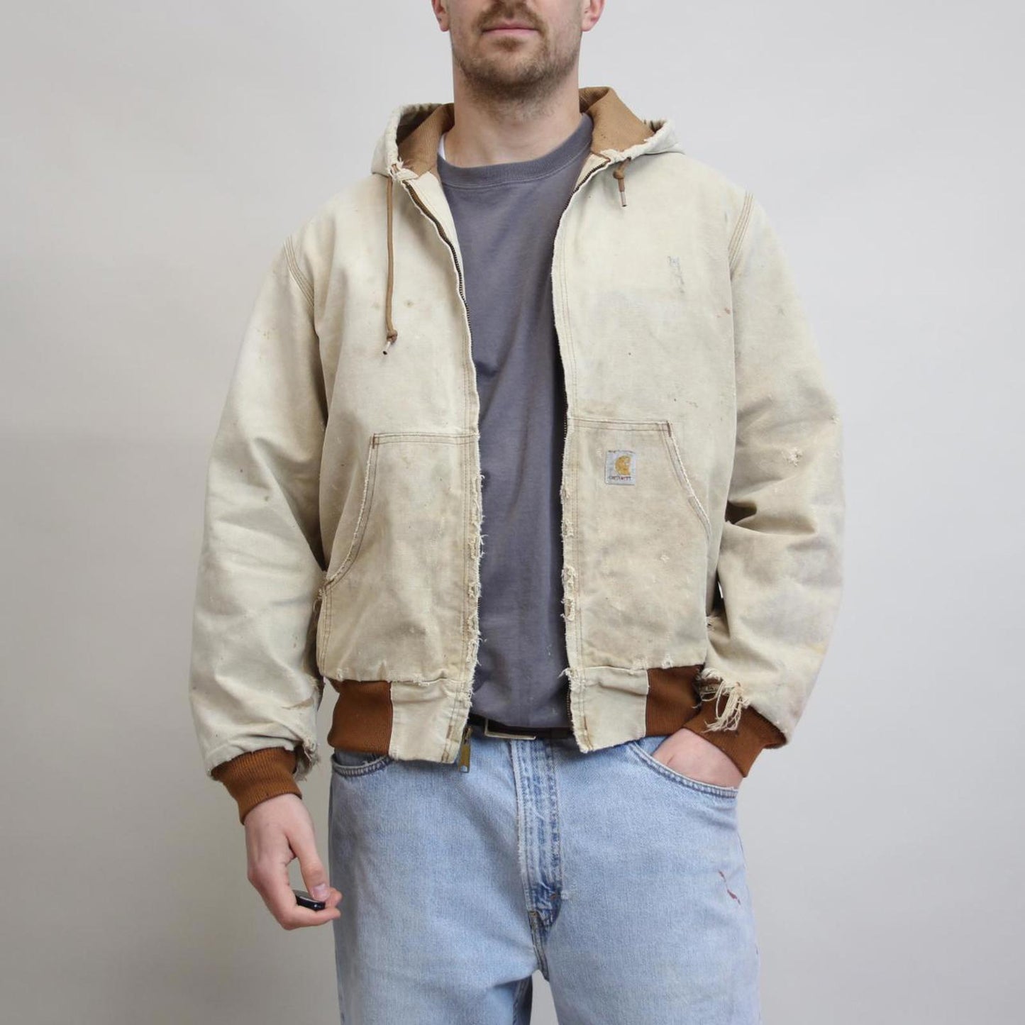Vintage hooded Carhartt active jacket Large faded tan thrashed distressed style skater