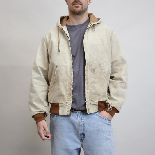 Vintage hooded Carhartt active jacket Large faded tan thrashed distressed style skater