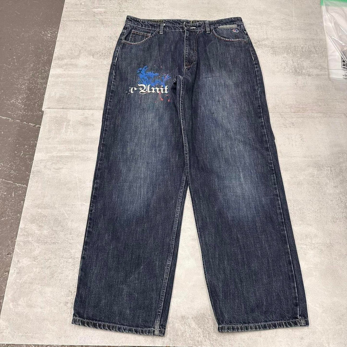 Blue G Unit jeans W38 L32 wide leg 90s style print design jeans