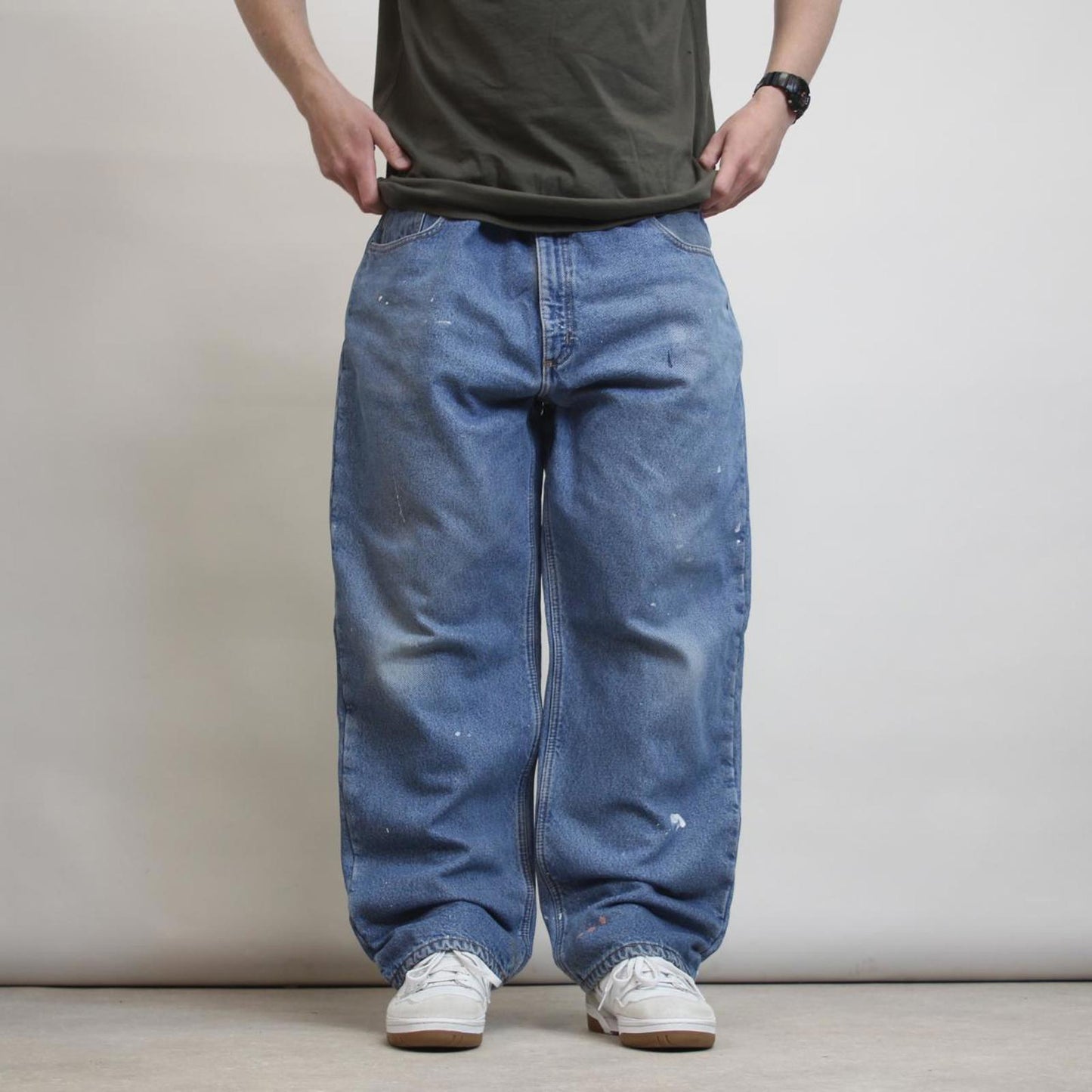 Mens Carhartt jeans W42 L30 Loose Blue fleece lined denim skate jeans patch logo