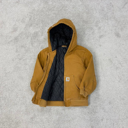 Vintage Kids Carhartt hooded active jacket Small (7-8) tan canvas 90s style quilt lined active