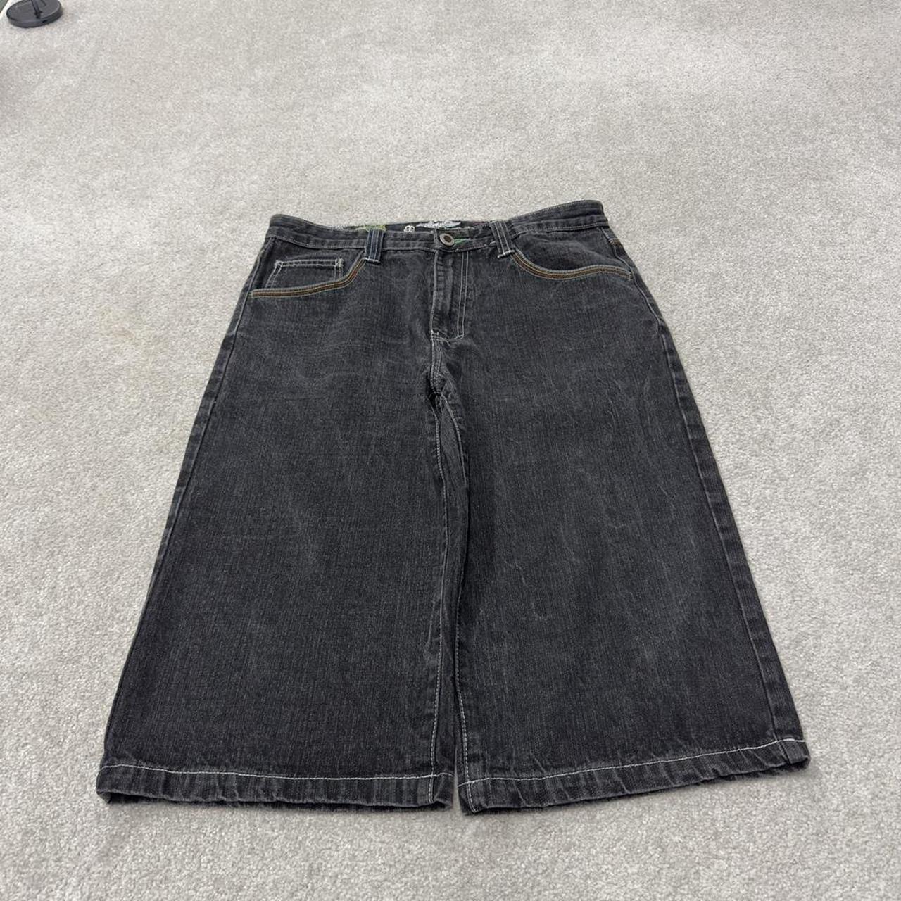 Long baggy denim shorts y2k black 4Fatherz skater style shorts with paisley pattern design